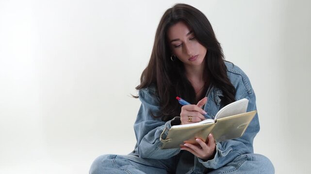 Creative expression and self reflection are central themes as a young woman writes intently in a journal or notebook. This isolated studio shot emphasizes thoughtful concentration and personal develop