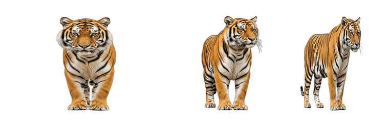 Obraz premium Three Majestic Tigers in Different Poses Isolated on White Background, Fierce Big Cats for Wildlife Concepts, High-Quality Animal Photography, Graphic Elements for Nature Design Projects and Commercia