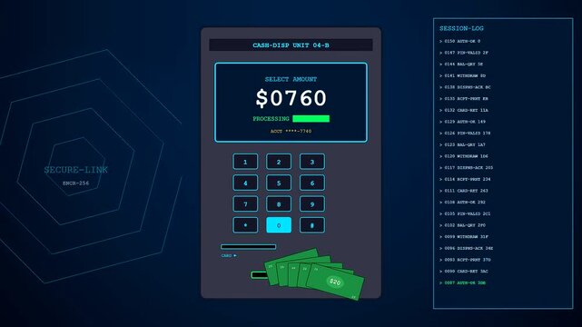 Household finance tracking display shows digital banking interfaces processing payment amounts as physical currency banknotes emerge from an automated interface on the dark blue console screen