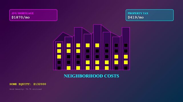Household finance tracking digital interface displays real time property tax and average mortgage payment metrics alongside home equity data points in a sleek modern minimalist visual design