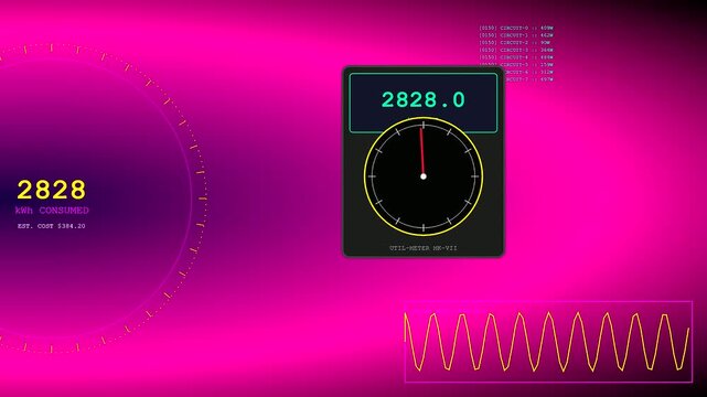 A digital household finance tracking dashboard displays shifting energy consumption metrics in vivid pink magenta light while gauge needles fluctuate indicating changing utility usage and power flows