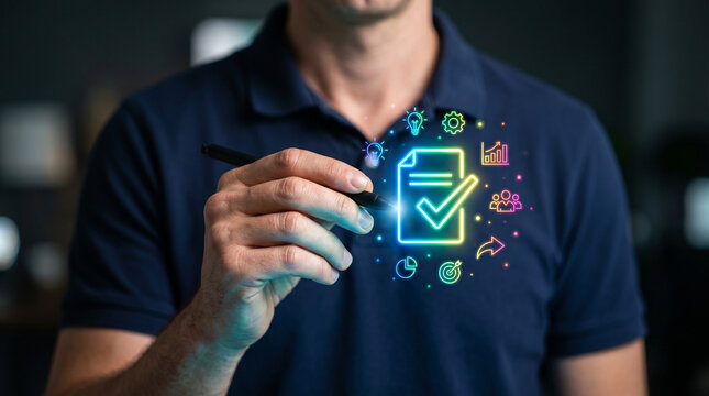 Business start up bootstrap planning checklist concept with hand and digital strategy icons
