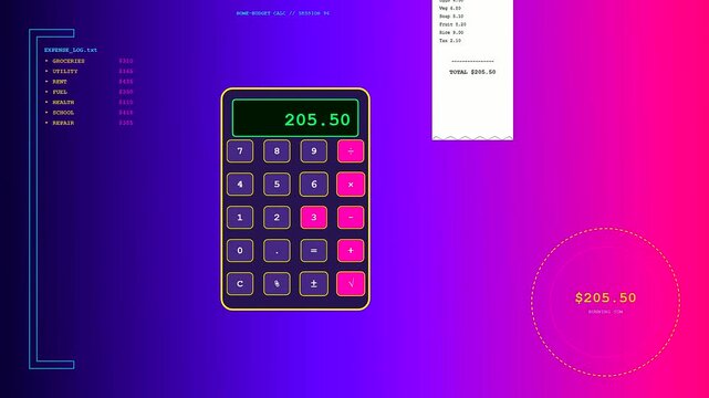 Innovative household finance tracking software displays growing monetary expenses on a vibrant digital interface with a scrolling numerical ledger and a glowing neon calculator visual presentation