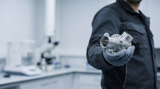 Engineer holding mechanical valve in laboratory, precision manufacturing and quality control macro close-up, industrial detail, manufacturing background