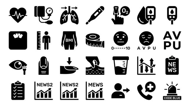 Essential Healthcare and Medical icon set for comprehensive patient monitoring, vital signs, diagnostic tools, and emergency response systems