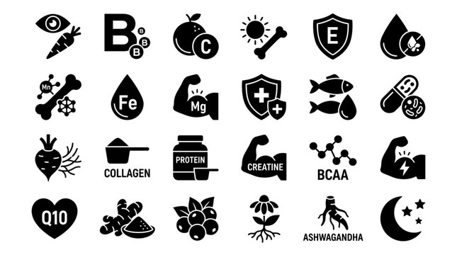 Healthcare and Medical vector icons essential vitamins, minerals, and dietary supplements for wellness, energy, and robust body function