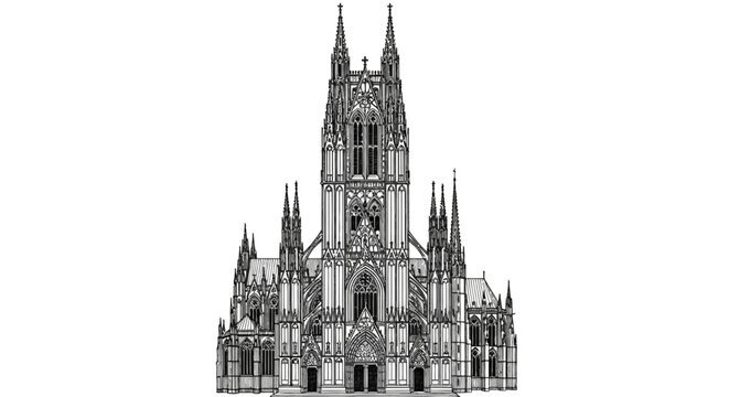Intricate textured line art illustration of a Gothic cathedral facade with detailed spires and architectural elements