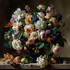 Obraz premium Still life composition featuring a grand bouquet of rich, colorful flowers and fresh fruits in a dark vase