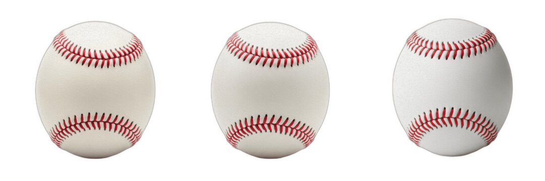 White baseball balls set isolated on transparent background, realistic 3D leather baseballs with red stitching and seams from different angles, classic sports equipment clipart elements, commercial st