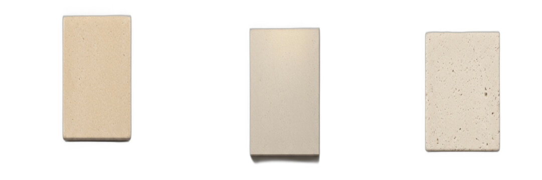 Blank rectangular ceramic tile samples set isolated on transparent background, realistic beige stone and marble porcelain tiles for floor and wall mockup, bathroom and kitchen interior design material