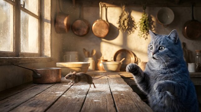 Playful Interaction Between Cat and Mouse in Kitchen