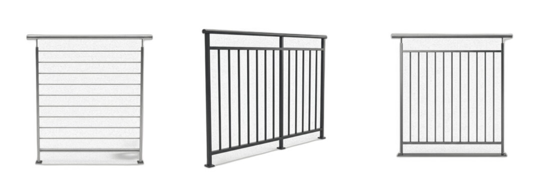 Metal Railing PNG Clipart Set, Isolated Black Iron Fence Elements, Modern Balcony Guardrail and Cable Deck Railing Cutouts, Transparent Background Architectural Graphics for Exterior Mockups, Construc