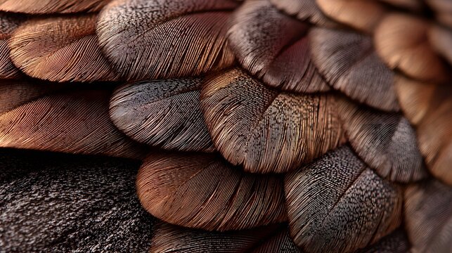 Macro close-up of iridescent lyrebird feathers displaying rich bronze and metallic copper tones, detailed plumage.