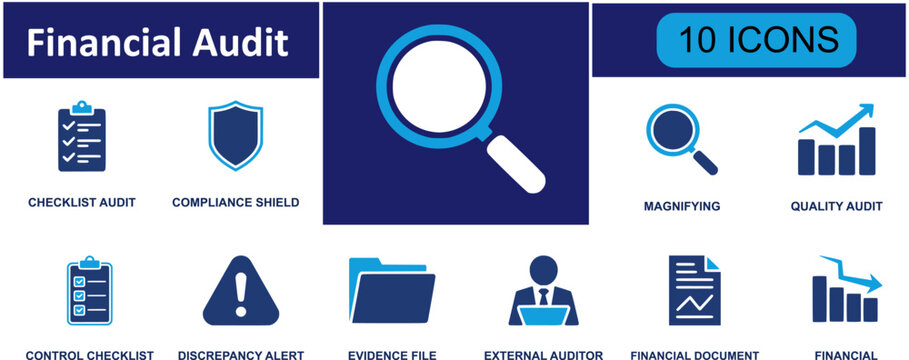 Financial audit icon set. Containing checklist audit, compliance shield, magnifier, quality audit, discrepancy alert, evidence file, external auditor and more. Solid fill vector icons.