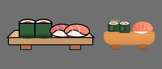 Vector illustration of japanese sushi sets with maki rolls and nigiri on wooden boards flat design icons of traditional asian food on a grey background © Moriyam