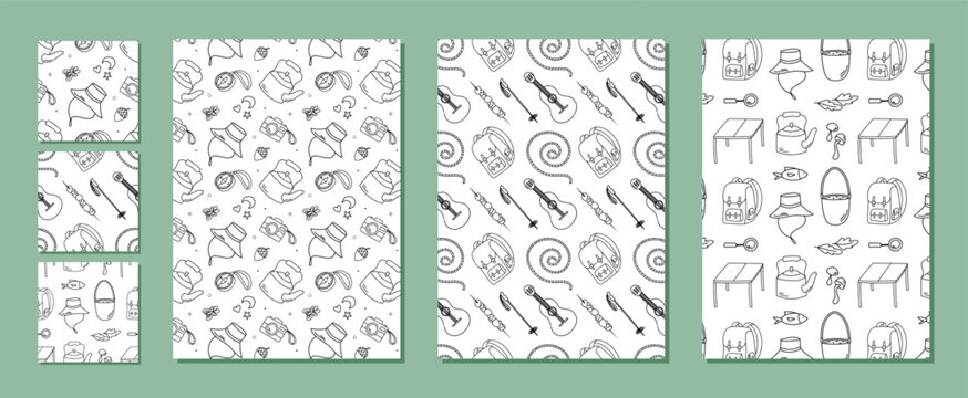 Adventure seamless pattern in doodle sketch style with travel, camp, backpack, guitar and hat outline. Hiking and picnic collection for color backgrounds, outdoor trip or holiday themed art.
