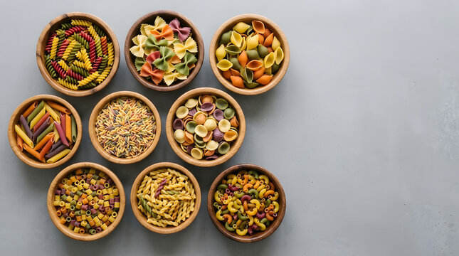 Variety of colorful dry Italian pasta in wooden bowls on gray background