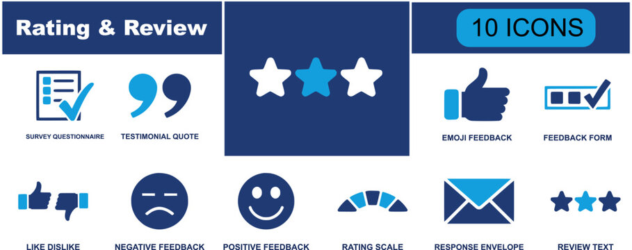 Rating and review icon set. Containing survey form, quote, emoji feedback, feedback form, negative feedback, positive feedback, rating scale, review text and more. Solid fill vector icons.