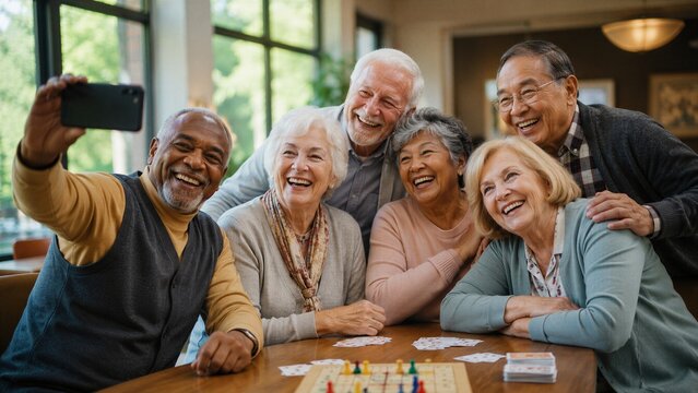 Diverse group of happy senior citizens takes a selfie while playing a board game together in a community center.
