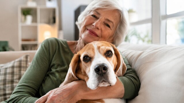 Happy senior woman with white hair sits on a sofa and gives her beagle dog a warm hug in a bright living room.
