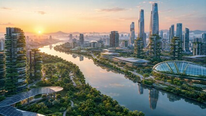 Naklejka premium Futuristic sustainable cityscape features lush green skyscrapers and integrated solar panels along a calm river during a golden sunset.