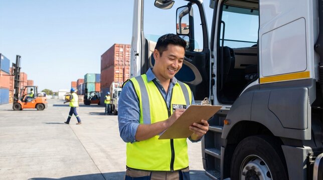 Asian male logistics worker smiling while checking a clipboard next to a semitruck in a shipping container yard