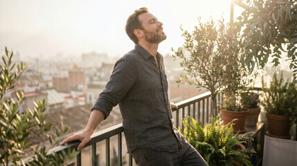 Obraz premium Man enjoying the sunset on a balcony with city view, relaxing and breathing fresh air, peaceful moment in an urban environment