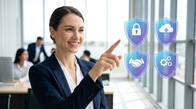 Professional businesswoman pointing at digital security and cloud computing icons in a modern office environment