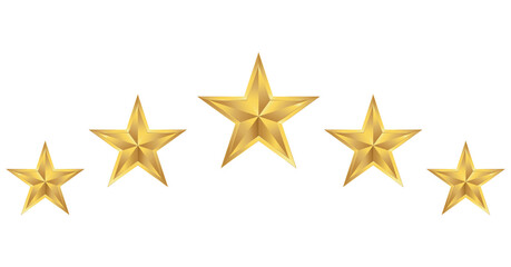 Obraz premium Five 3D gold stars with metallic effect, 5 rating designation elements for awards, medals and luxury hotels status on transparent background, customer feedback review, EPS10