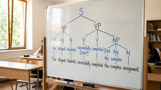 Linguistic syntax tree diagram on whiteboard in a bright school classroom