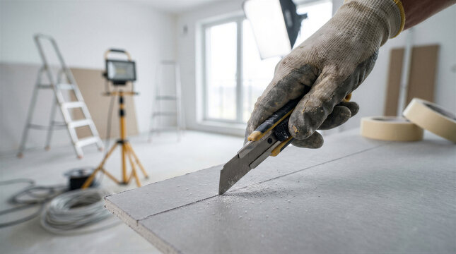 Closeup of a construction workers hand in a dirty glove using a utility knife to cut a piece of drywall during home renovation