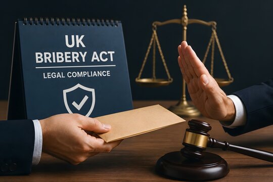 A hand refusing a bribe next to a gavel and scales of justice, representing integrity and legal compliance.