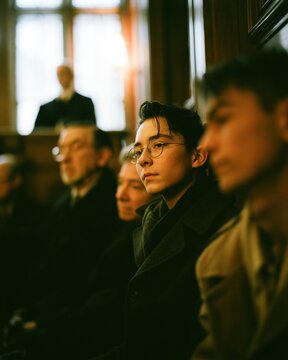 A tense courthouse interior with a young protester in a dark coat seated beside legal counsel, a stern judge blurred in the background, mixed emotions on faces, warm window light, wide composition.