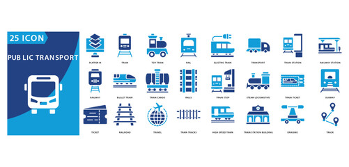 public transport icon set of platform, train, toy train, rail, electric train, transport, train station, railway station, railway, bullet train, public transport, train cargo, rails, train stop © mujahadah 