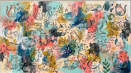 Fototapeta premium Cats Abstract Painting with Vibrant Colors and Whimsical Hand drawn Feline Illustrations for Creative Backgrounds