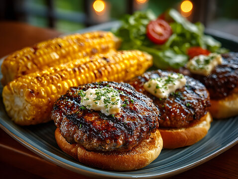 Delicious grilled hamburgers with corn on the cob and a fresh green salad are served on a plate.