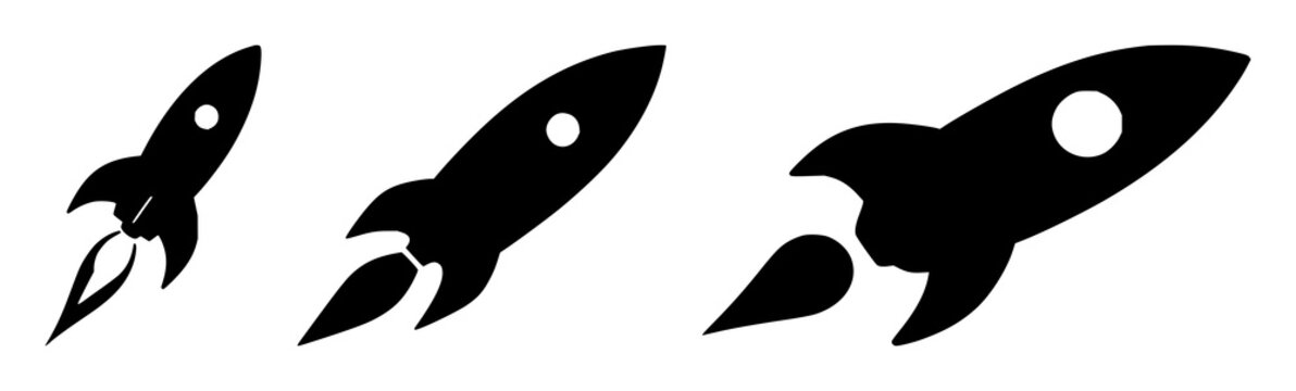 Solid black icon, white background: venture capital startup rocket set with simple line art design featuring simple design, minimalist, black and white with illustrations and graphics