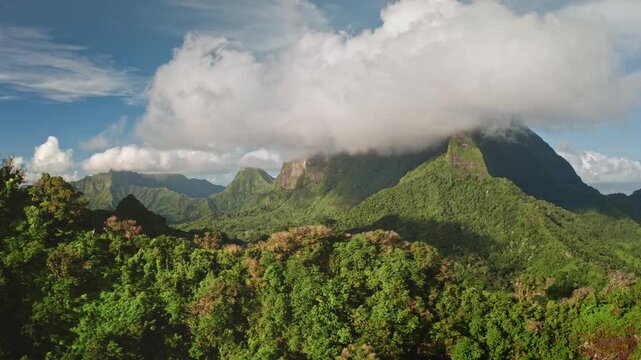 Dense green jungle covers dramatic volcanic mountain peaks and valleys, white clouds gently drape over mountaintops, creating a stunning natural landscape in Moorea, French Polynesia. Aerial flight