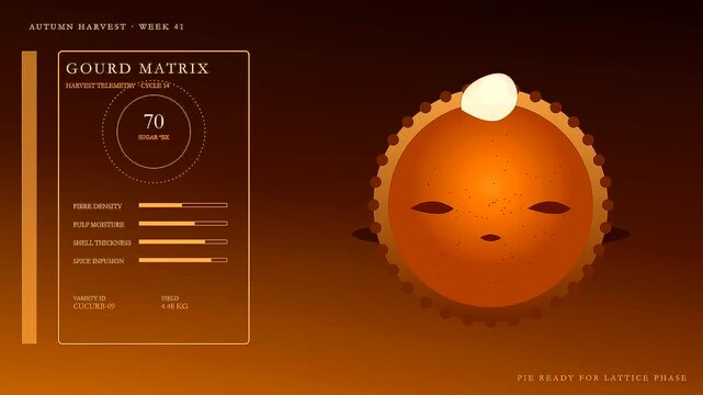 Graphic displays of spiced autumn baking processes illustrate various seasonal produce metrics and harvest telemetry data through animated digital interface panels with golden brown gradients