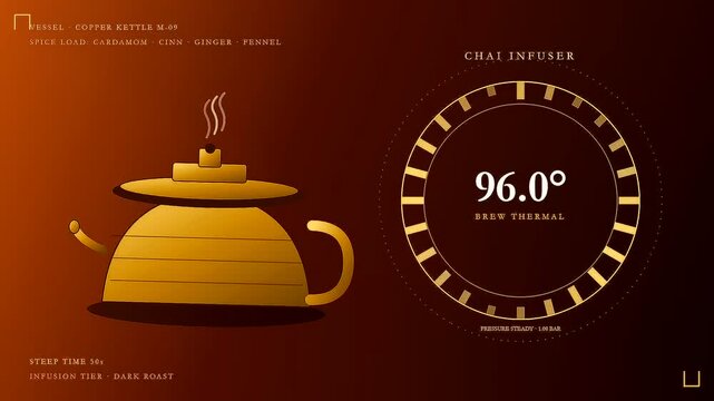 Spiced autumn baking tea infusion digital interface displaying dynamic temperature variations and warming steam patterns captured in a minimalist dark brown gold graphic motion design sequence
