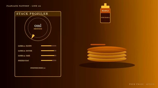 Spiced autumn baking visuals featuring a digital stack profiler interface monitoring a stack of pancakes with syrup pouring motion in a sequence of three frames