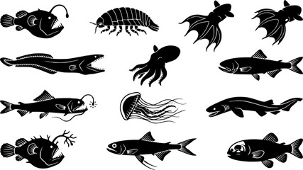 Obraz premium Deep Sea Creatures Silhouette Icons – Wildlife & Nature Vector Bundle