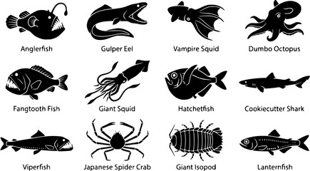 Obraz premium Deep Sea Creatures Silhouette Icons – Wildlife & Nature Vector Bundle