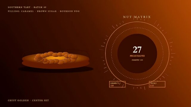 Spiced autumn baking is displayed in this sophisticated digital interface showing layered pecan tart compositions with data tracking stats and warm amber tones for culinary presentations