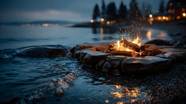 Campfire burning on a rocky shore next to a dark lake with lights in the distance