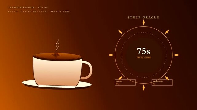the warm spiced autumn baking aroma fills the air as this digital interface tracks liquid infusion time with golden tea cup icons and timer circles