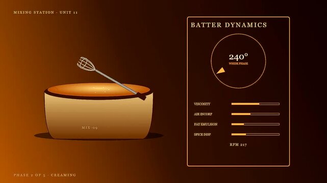 A digital spiced autumn baking simulation shows whisk rotation speed and viscosity levels within a dark amber gradient container designed for industrial food laboratory quality control