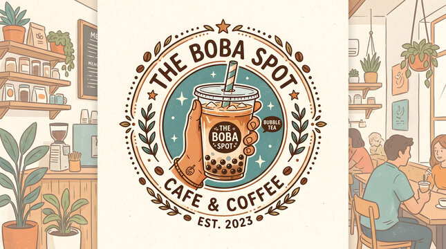 Boba tea and coffee cafe logo with hand holding drink