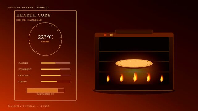 Spiced autumn baking displayed on a digital monitor interface featuring three sequential progress stages of a cooking hearth showing heat levels and internal chamber oven temperature