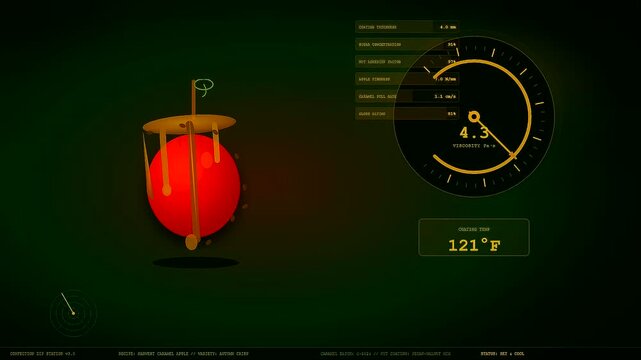 A digital display featuring spiced autumn baking elements shows fluid movement as a red fruit sphere undergoes a transformation process within a dark monitored lab interface